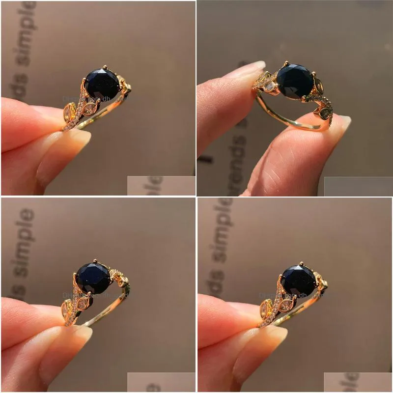 trendy female black crystal stone ring charm gold color thin wedding rings for women dainty bride round zircon engagement
