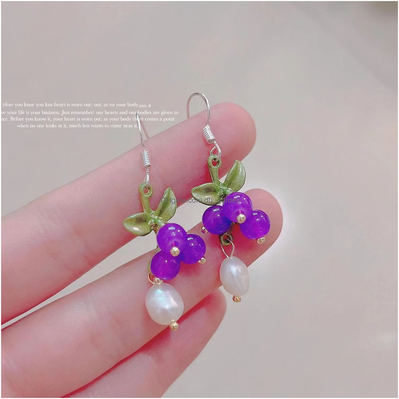 dangle chandelier crystal grape silver hook earrings green leaves pearl simple earrings
