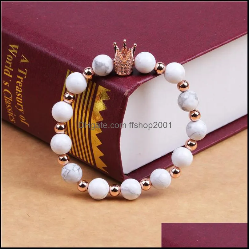 handmade 8mm white natural stone beads bracelet cubic zirconia crown charm bracelets for women and men unique couple bracelets