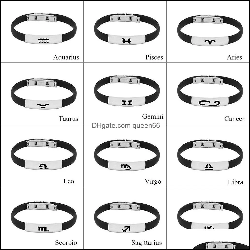 twelve zodiac black silicone bangle stainless steel constellations horoscope design wrap bracelets for women and men couple jewelry