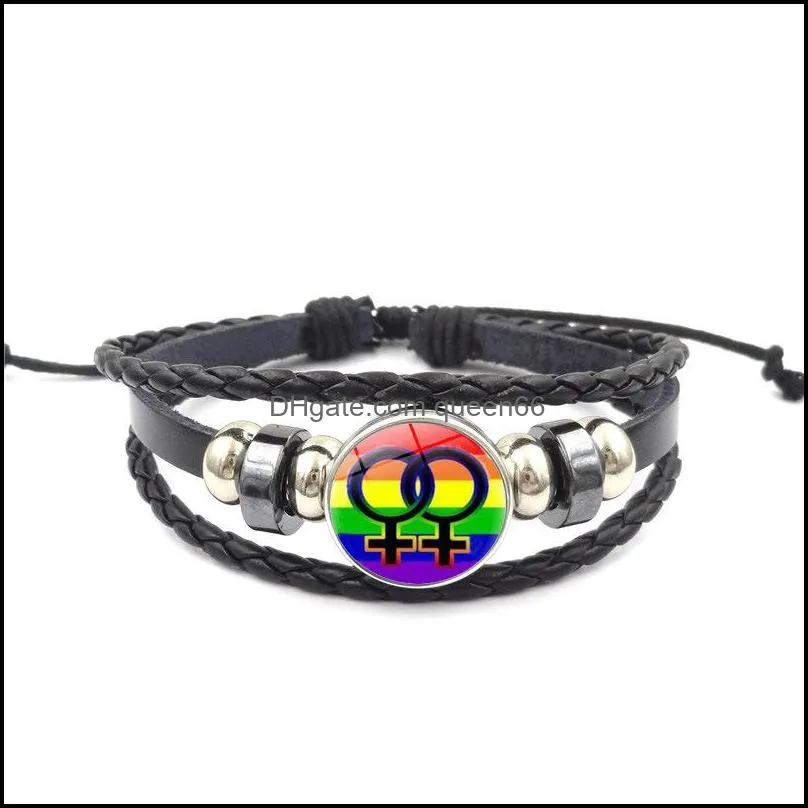 gay and lesbian sign bracelet 18mm ginger snap button rainbow cabochons glass charm braided leather rope bracelet for women men jewelry