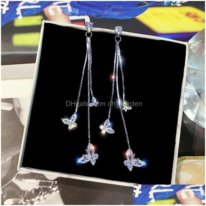 luxury ultra flash butterfly zircon tassel earrings classic lady long fringe butterfly crystal earrings jewelry for women gift