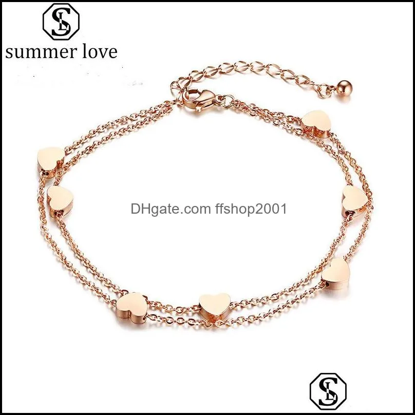 stainless steel double layer chain love heart bracelets bangles charm link ankle bracelets for women fashion valentines day