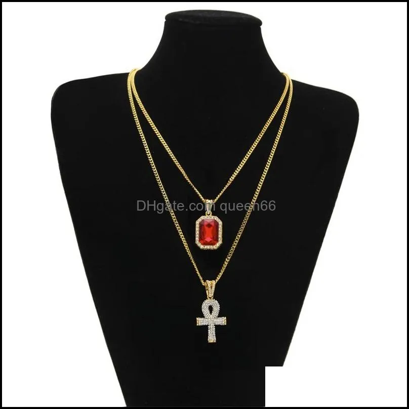 men s egyptian ankh key of life necklace set bling iced out cross mini gemstone pendant gold silver chain for women hip hop jewelry 21