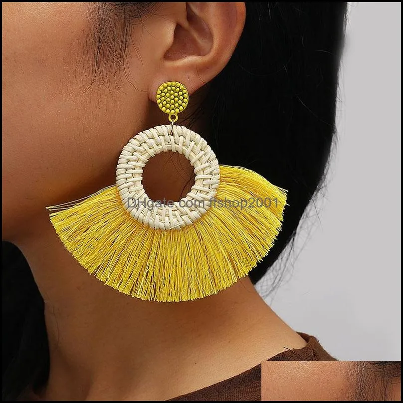 korea handmade wooden straw weave geometric big circle square tassel earrings for women style boho fringe drop jewelry gifty