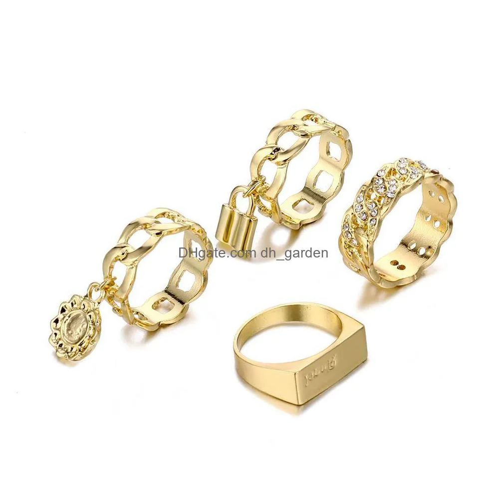 vintage metal golden wide twisted crystal knuckle rings set for women men simple lock sunflower charms joint rings trend jewelry