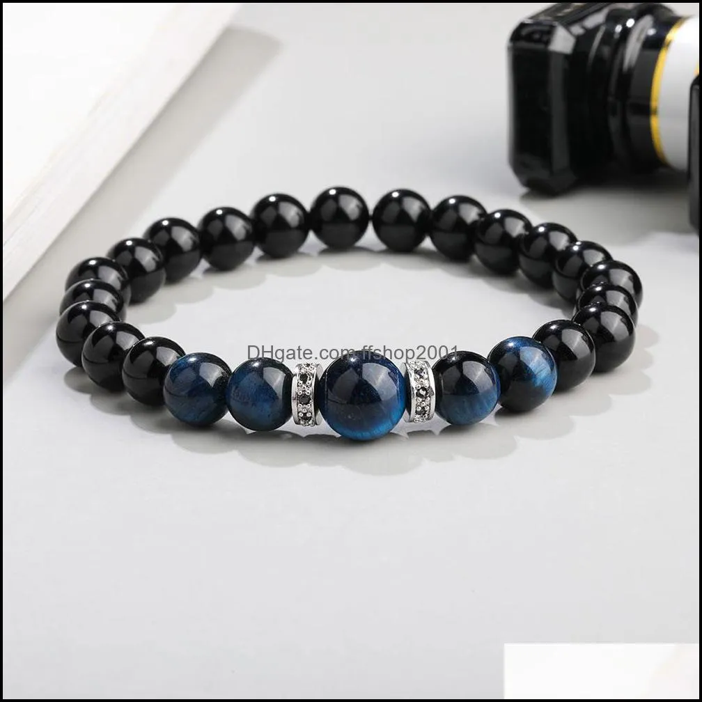 arrival 8mm black glass beads bracelet for women men handmade tiger eye micro pave zircon gasket charm bracelet fashion jewelry gift