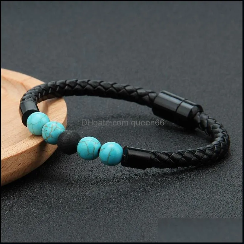 mens genuine leather lava rock bead brackets for women natural turquoise  oil diffuser stone magnetic buckle bangle fashion