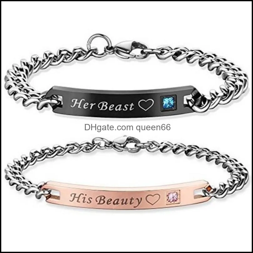 his queen her king his beauty her beast couple charm bracelet for women men love heart letter crown fashion jewelry gift