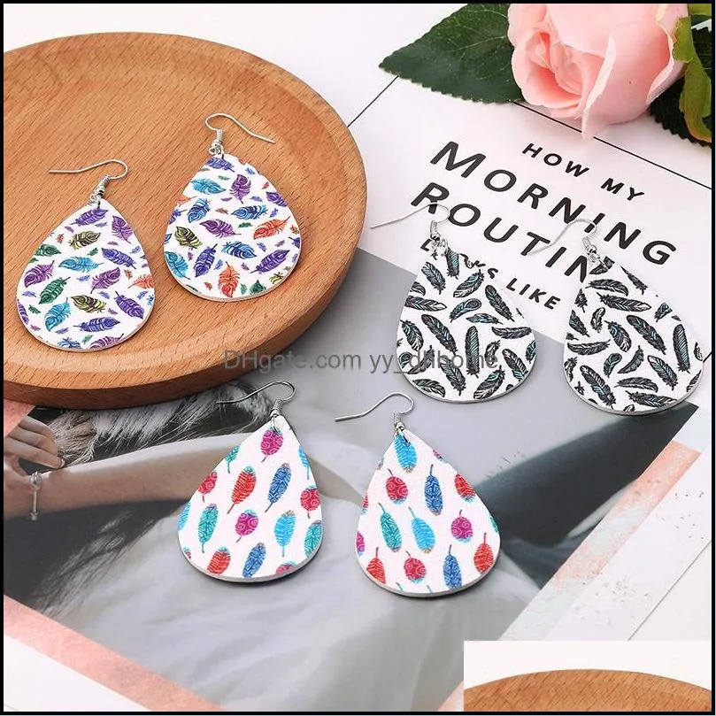 leather earrings for women girl lightweight drop dangle earring colorful feather print teardrop charm jewelry l48fa