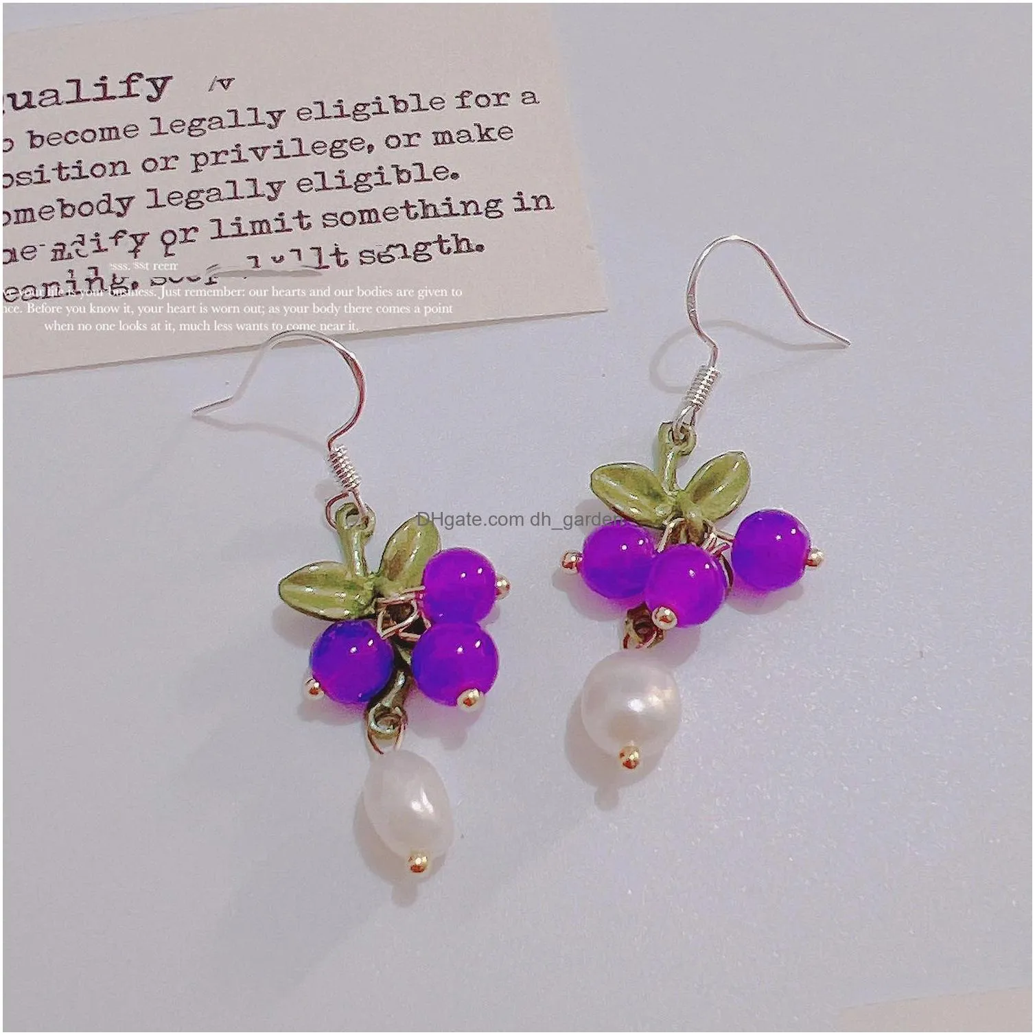 dangle chandelier crystal grape silver hook earrings green leaves pearl simple earrings