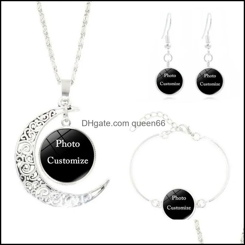 personalized custom made p o medallions jewelry set glass cabochon pendant moon necklace stud dangle earrings bracelet bangle fashion