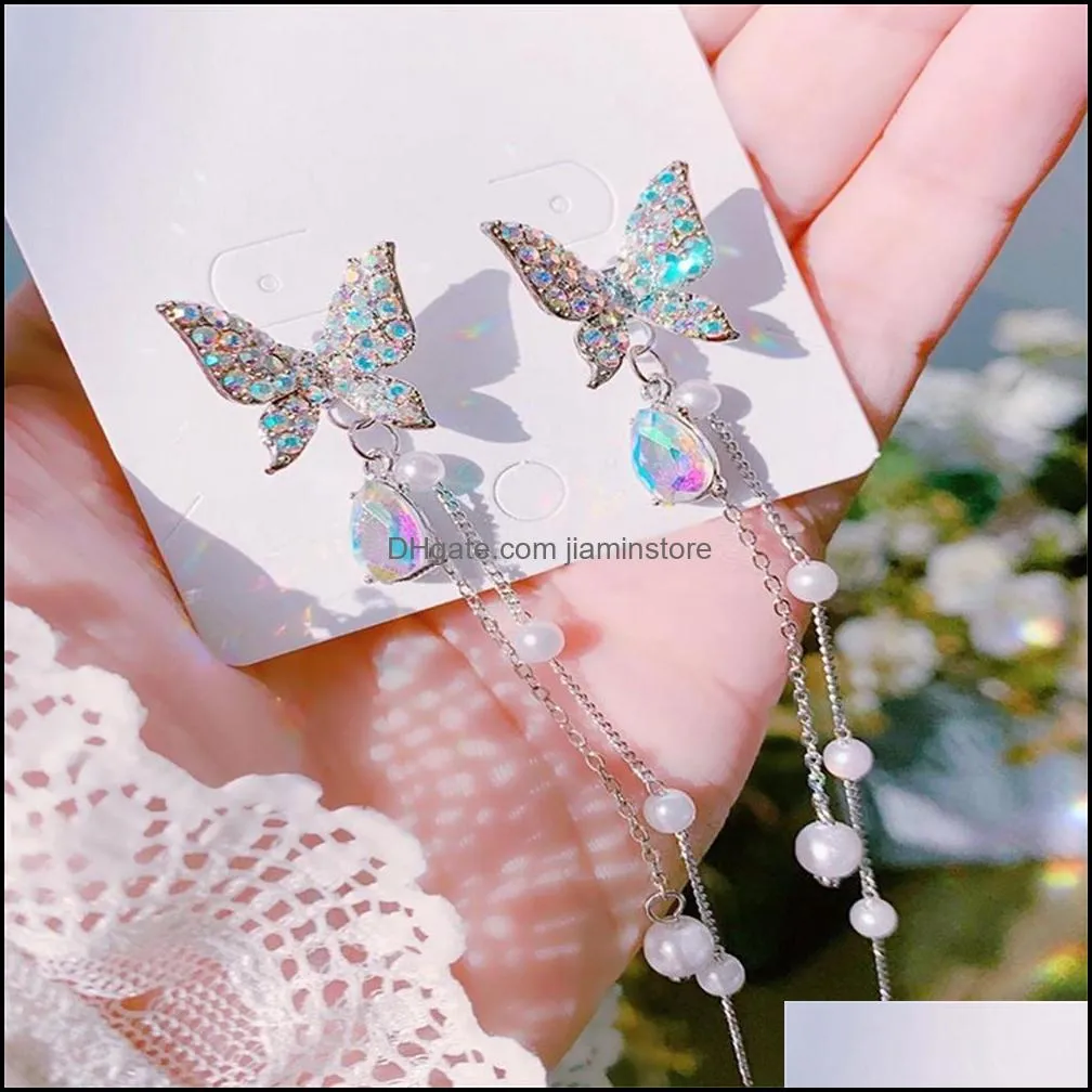 fashion shiny butterfly rhinestone drop dangle earrings women elegant long pearl tassel chain pendant party jewelry for girl gift 1