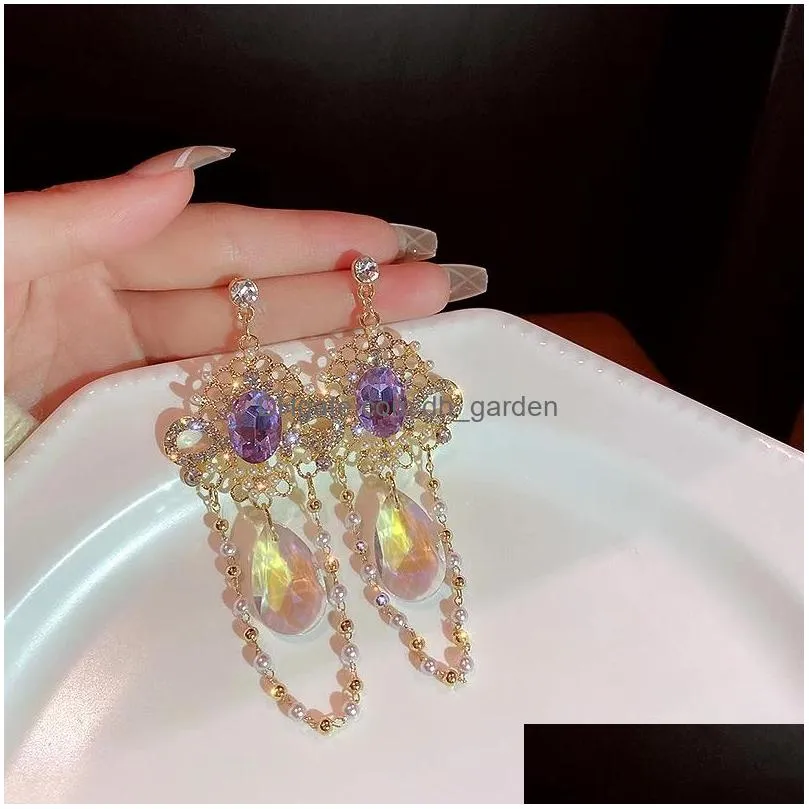 dangle chandelier korean vintage luxury colorful cystal drop earrings for women girls elegant pearl beads tassel pendientes jewelry