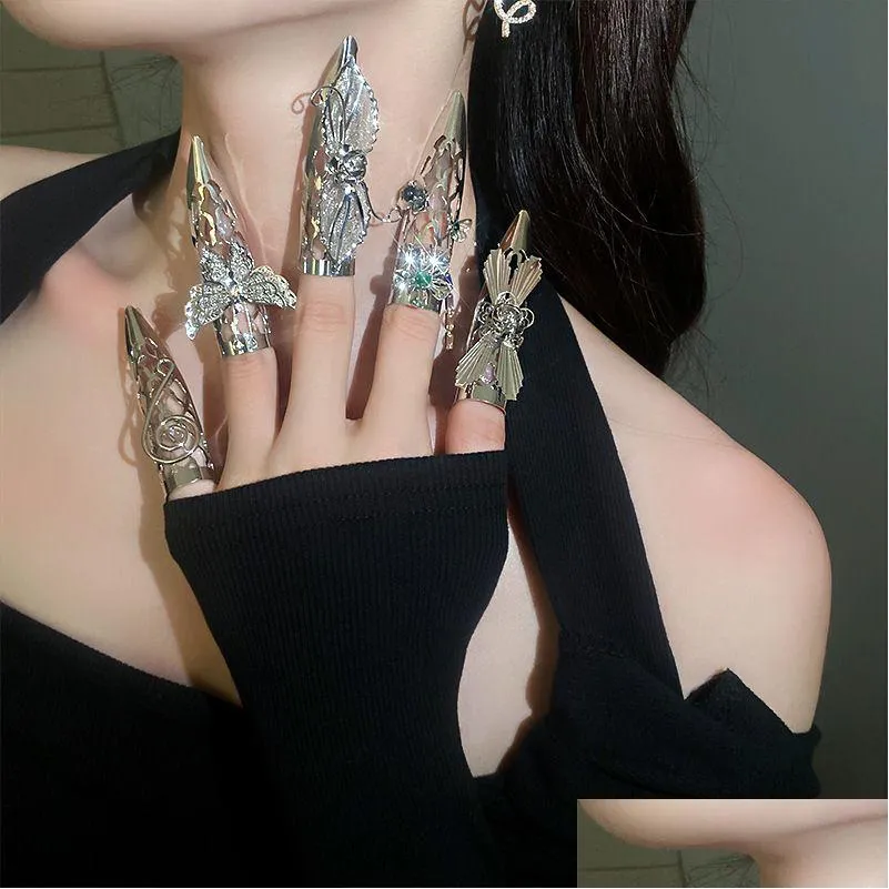 fashion jewelry rhinestone flower butterfly tassel metal armor opening rings for women index finger rings