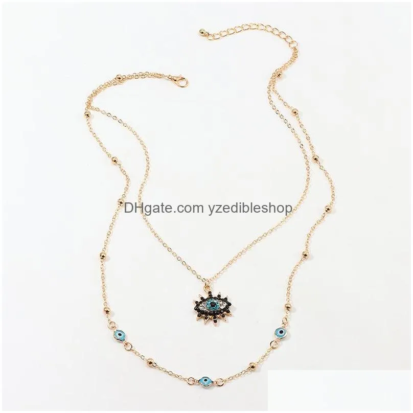 fashion jewelry double layer evil eye pendant necklace rhinstone blue eyes choker necklaces