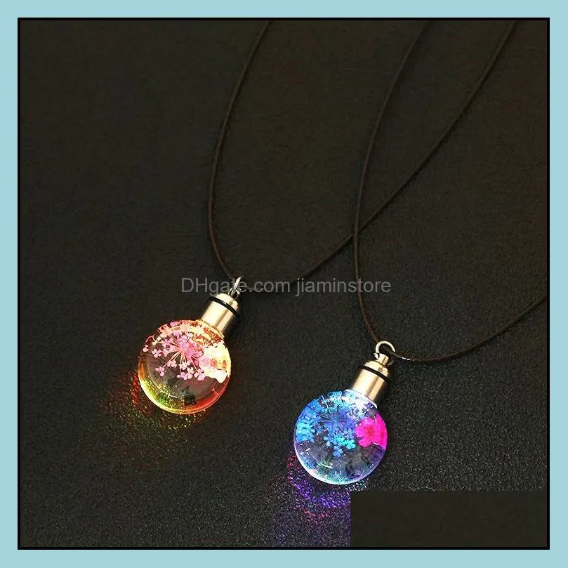 trendy dried flowers pendant necklaces for women led luminous flower necklace charm crystal glass ball jewelry