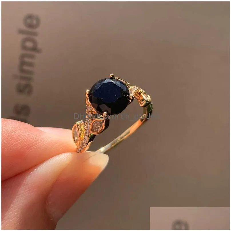 trendy female black crystal stone ring charm gold color thin wedding rings for women dainty bride round zircon engagement