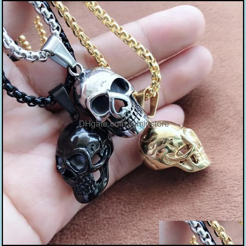 fashion punk goth stainless steel necklace skull head pendant for men accessories gothic jewelry with 3mm chain