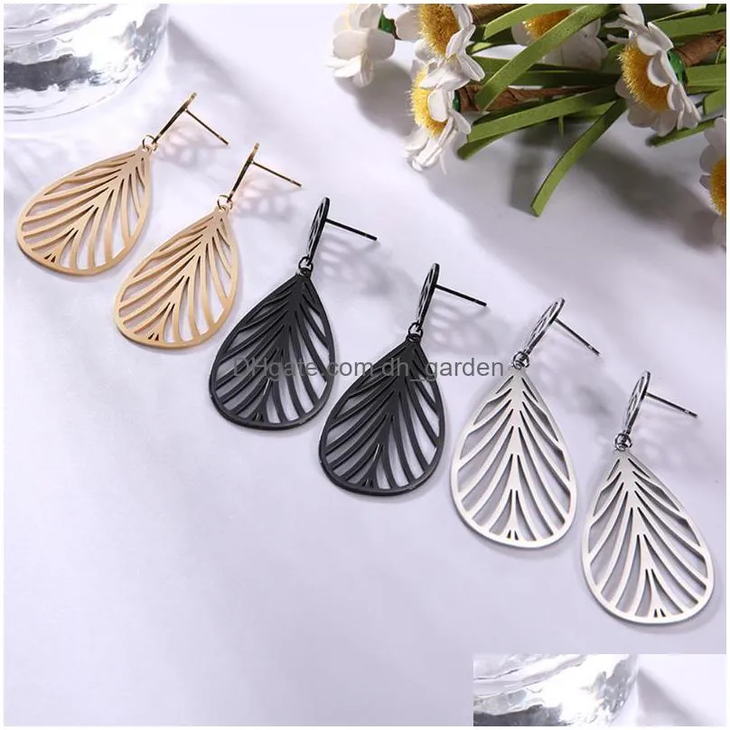 skyrim fashion cutout tree leaf drop earrings black golden stainless steel bohemian long dangle earring jewelry gift for women