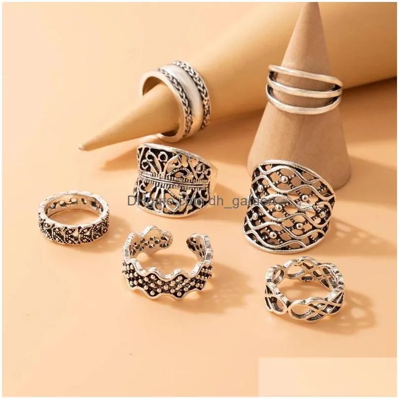 7pcs/sets retro silver color hollow geometry opening ring sets for women men charms alloy metal jewelry