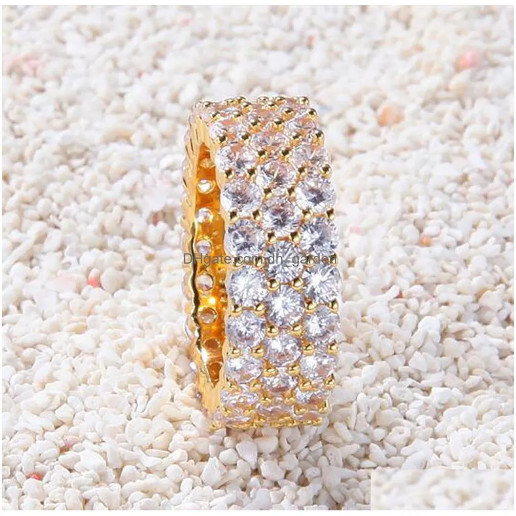 3 row 360 eternity rings 18k gold silver color plated rings micro paved zircon hip hop finger ring for men women