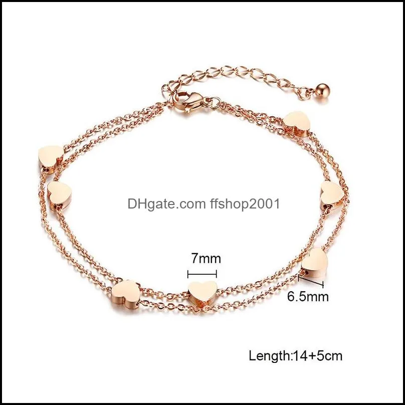 stainless steel double layer chain love heart bracelets bangles charm link ankle bracelets for women fashion valentines day