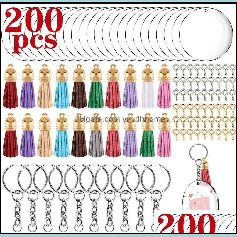 key rings 200pcs acrylic blank keychain making kit with tassel pendant for diy crafts clear circle discs keyring bag ornament