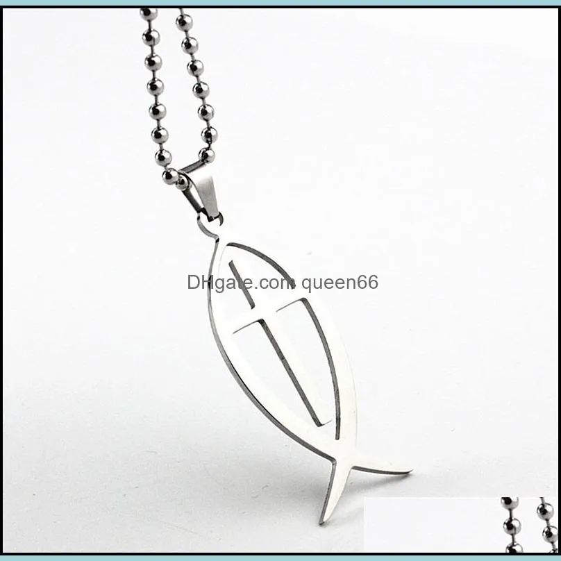 wholesale 10pcs/lot men womens jesus fish charms pendants stainless steel necklace jesus cross pendant necklace398 q2