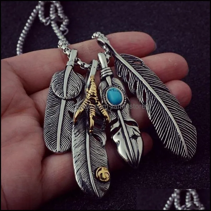 creative vintage leaf long necklace mens  claw feather pendant necklaces for men women beach boho fashion