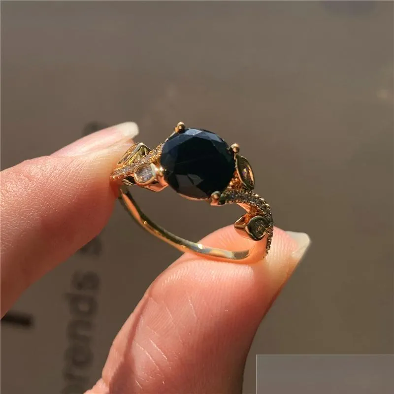 trendy female black crystal stone ring charm gold color thin wedding rings for women dainty bride round zircon engagement