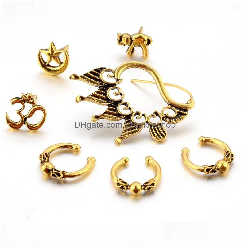 bohemian fashion jewelry vintage earrings set star elephant ear cuff dangle stud earrings 7pcs/set
