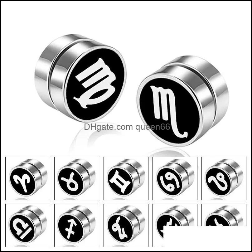 12 zodiac sign stainless steel magnetic stud clip on earrings for men women punk hypoallergenic no pierced ear cuff fashion jewelry