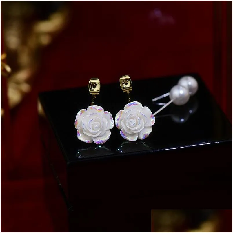 dangle chandelier 2022 fashion front and back elegant white pearl rose flower earrings for women korean style 2022 earings