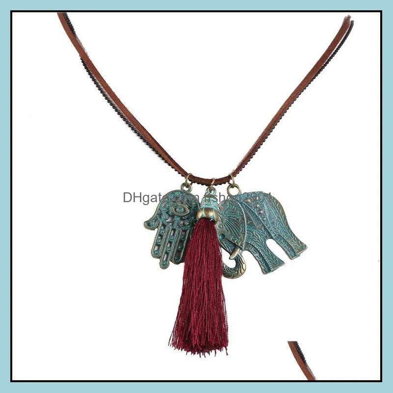 creative long tassel necklace for women retro leaf owl elephant fatima hand palm gecko horseman shield pndant necklace sweater chain