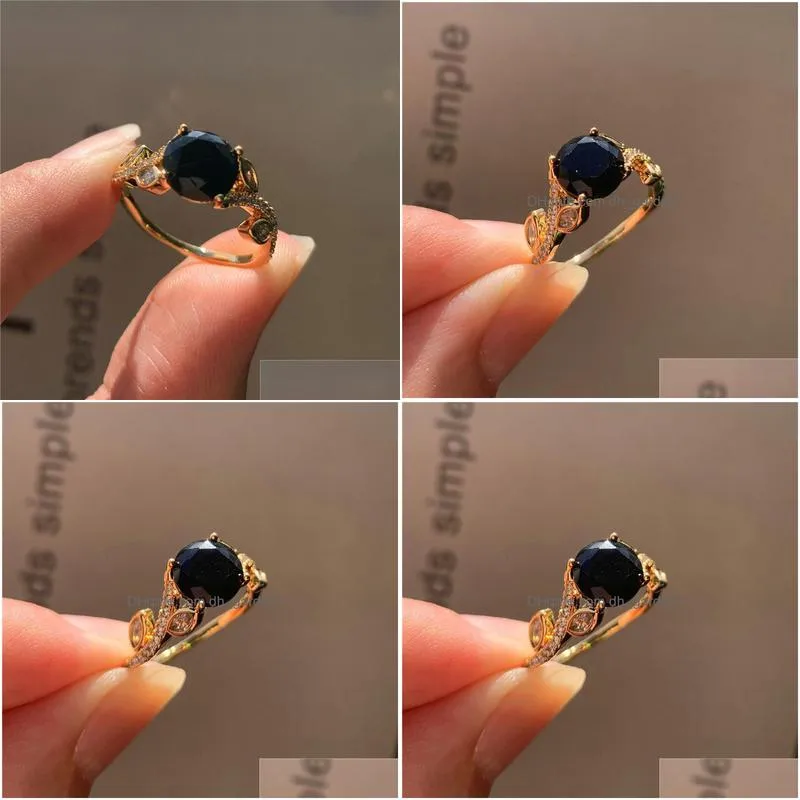 trendy female black crystal stone ring charm gold color thin wedding rings for women dainty bride round zircon engagement