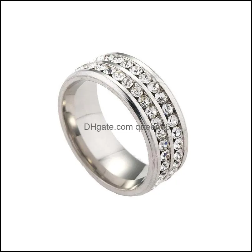 korean stainless steel rings 2 row  stones rhinestone diamond tennis wedding ring for women fashion jewelry