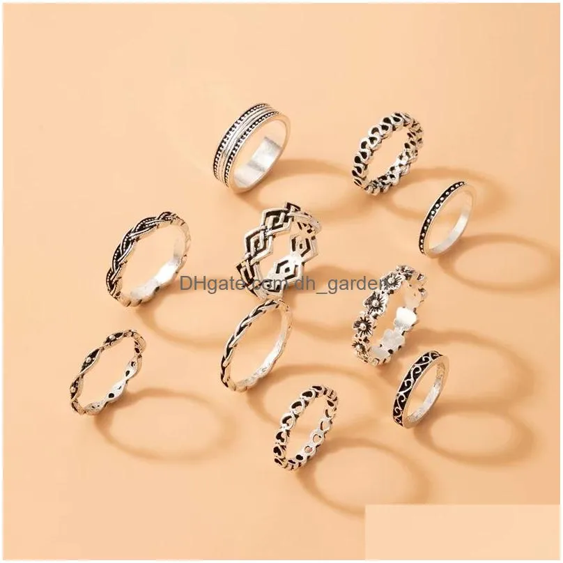 vintage silver color flowers joint ring sets for women hollow heart alloy metal wedding ring jewelry 10pcs/sets