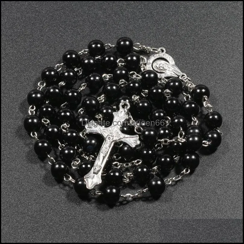 7 colors religious catholic rosary necklaces jesus cross pendant long 8mm bead chains for women men christian jewelry gift 88 k2