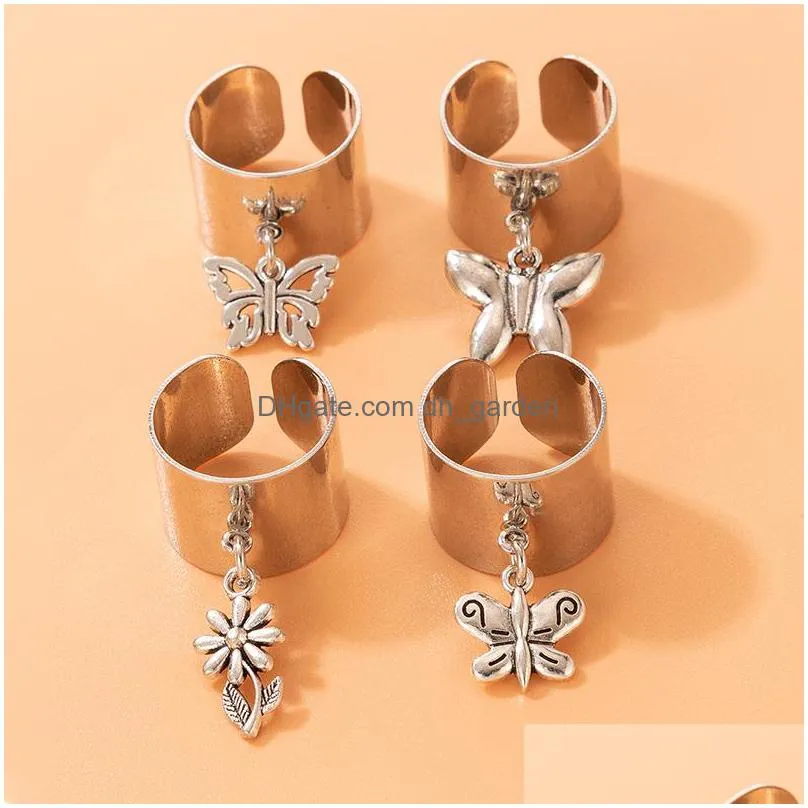 flowers butterfly finger rings for women vintage silver color metal knuckle ring set jewelry anillo accessories 2022