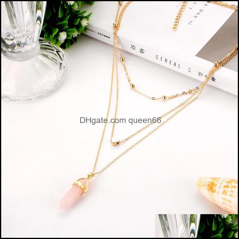  boho womens layered necklaces gold love heart natural stone crystals hexagonal prism bullet quartz point pendant for fashion