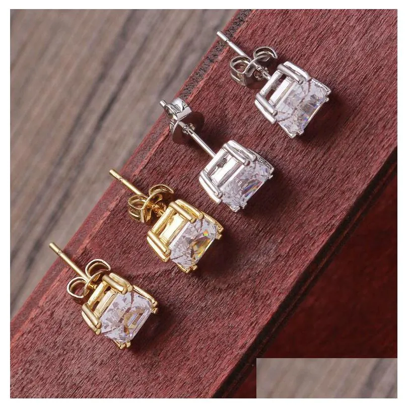 hip hop 1pair micro full paved rhinestone zircon cz square bling iced out stud earring copper earrings for men jewelry