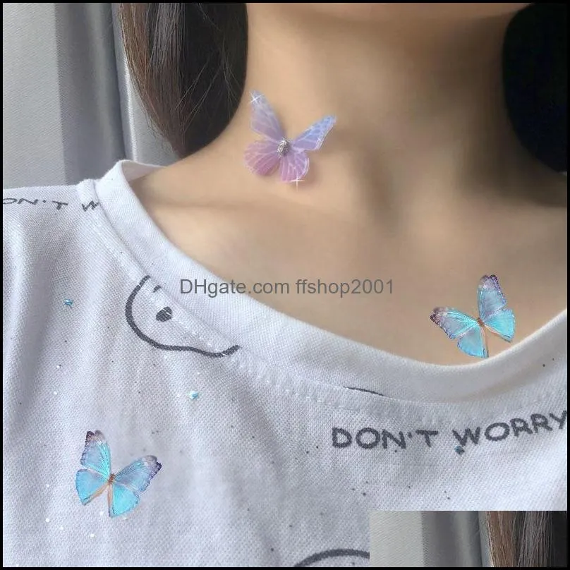  fashion colorful 3d double tulle butterfly chokers necklace for women crystal invisible fish line silk necklaces silver chain gift