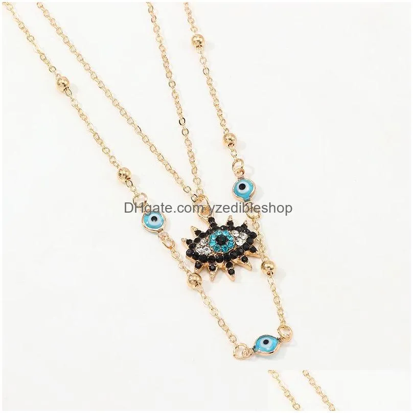 fashion jewelry double layer evil eye pendant necklace rhinstone blue eyes choker necklaces