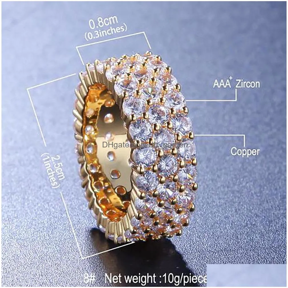 3 row 360 eternity rings 18k gold silver color plated rings micro paved zircon hip hop finger ring for men women