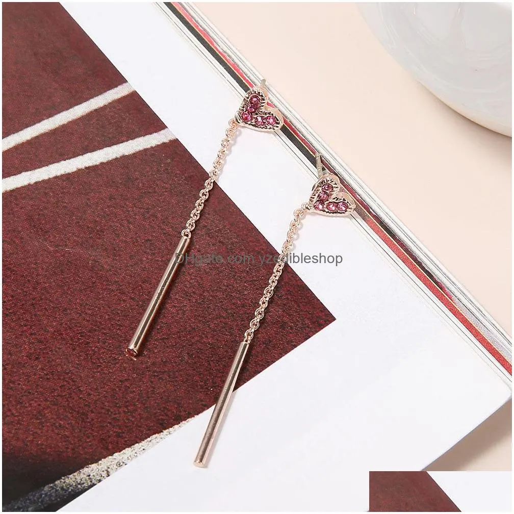 fashion jewelry s925 silver post rhinstone cute heart earrings tassel dangle stud earrings