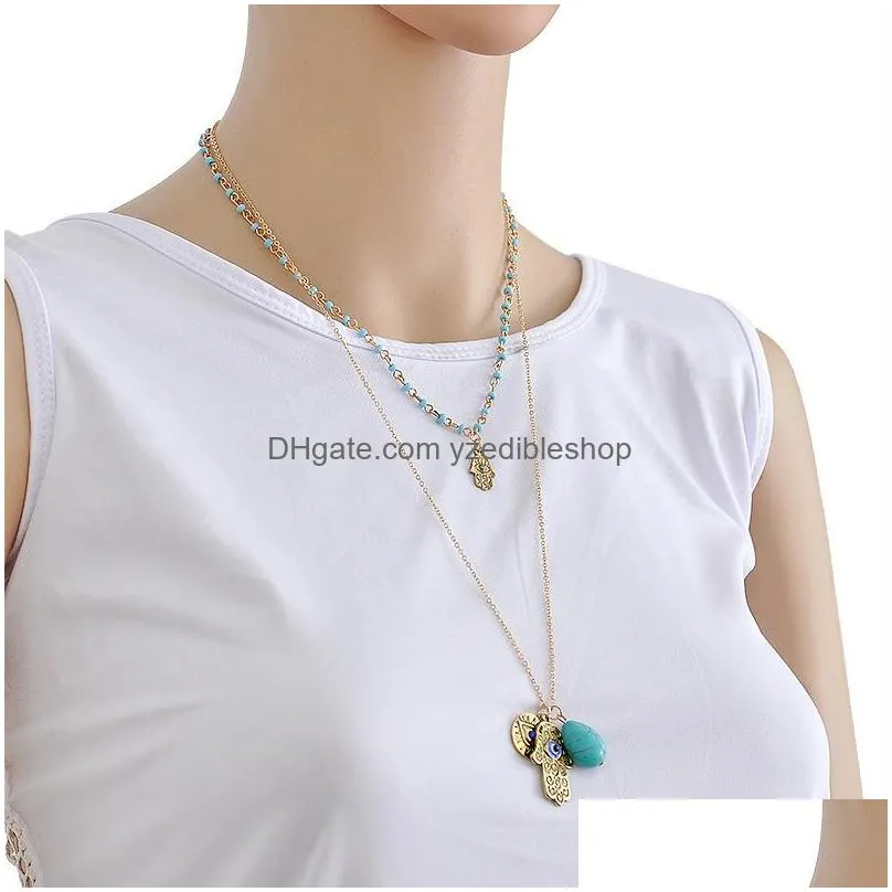 fashion jewelry turkish blue eye turquoise beads pendant necklace double layer sweater necklace