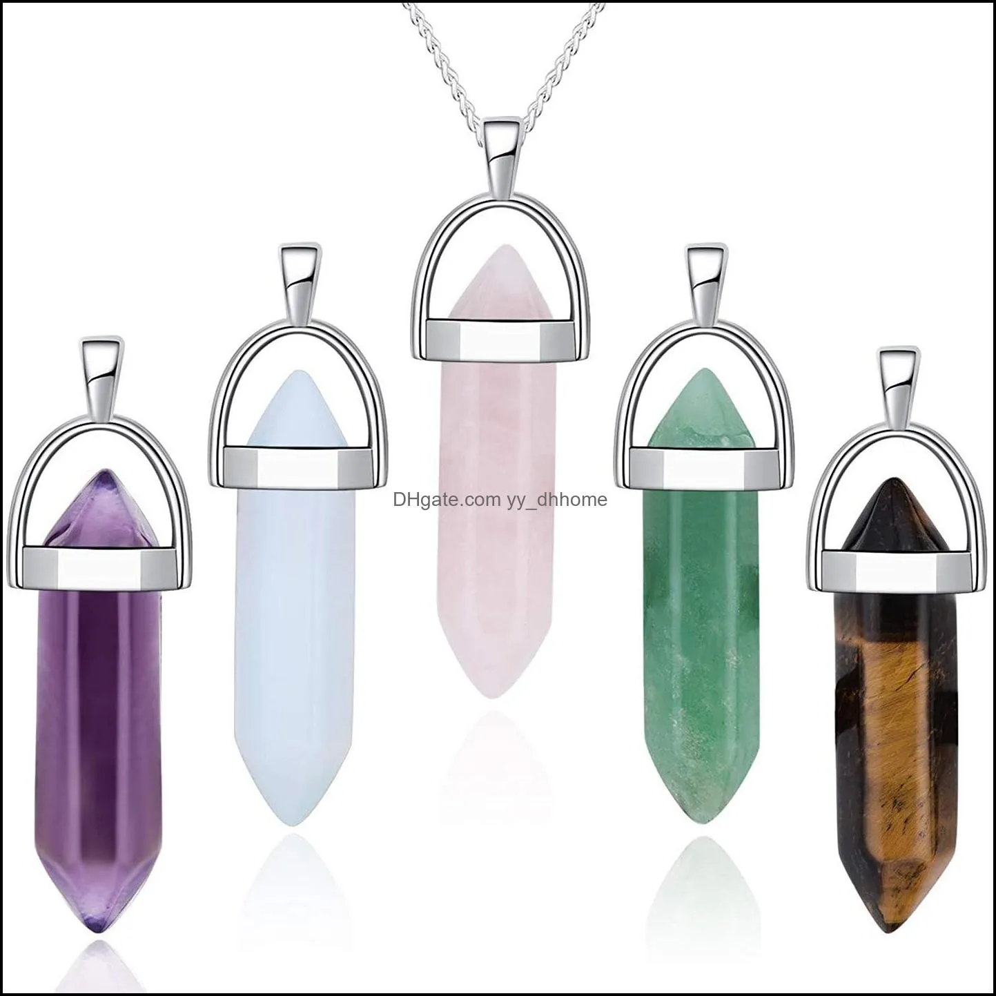 hexagonal prism bullet pendant necklace natural stone opal turquoises quartz healing reiki pendulum necklace for women jewelry