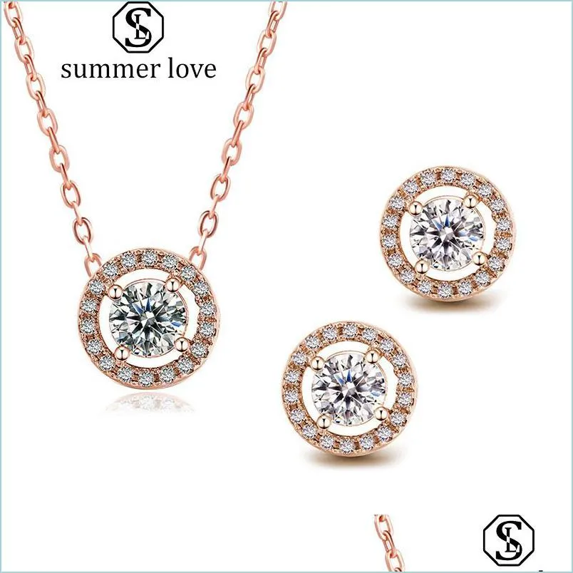  arrival round cubic zirconia stud earring necklace bracelet for women rose gold silver crystal earring fashion jewelry set gift