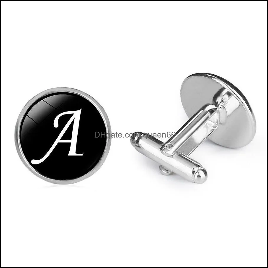 fashion 26 initial letter cufflinks mens french shirt alphabet glass cabochon cuff links for male wedding jewelry accessories